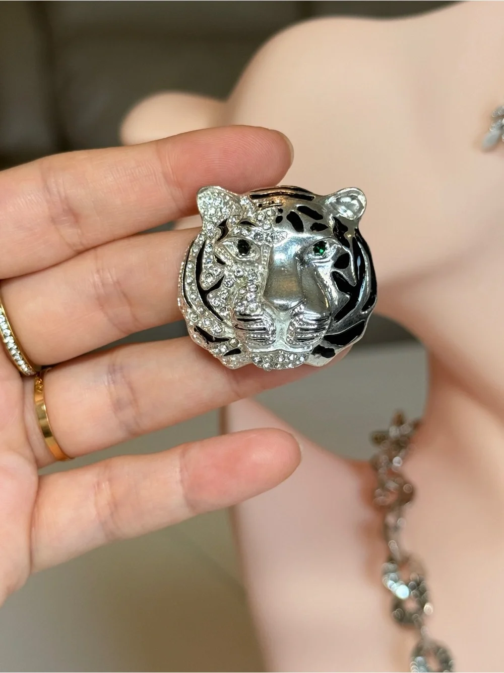 Silver and Black Tiger Brooch with Crystals